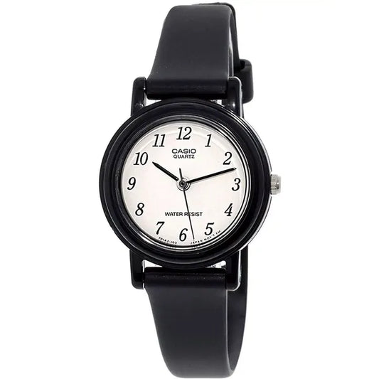 Casio női karóra, kvarc, 25 mm, fehér számlap, fekete bőrszíj, WR30