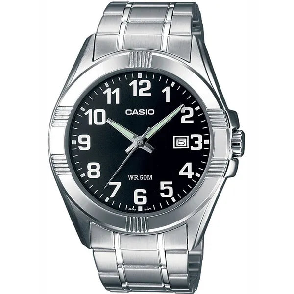 Casio MTP-1308D-1B férfi karóra, acél szíj, fekete számlap, WR50