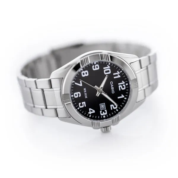 Casio MTP-1308D-1B férfi karóra, acél szíj, fekete számlap, WR50