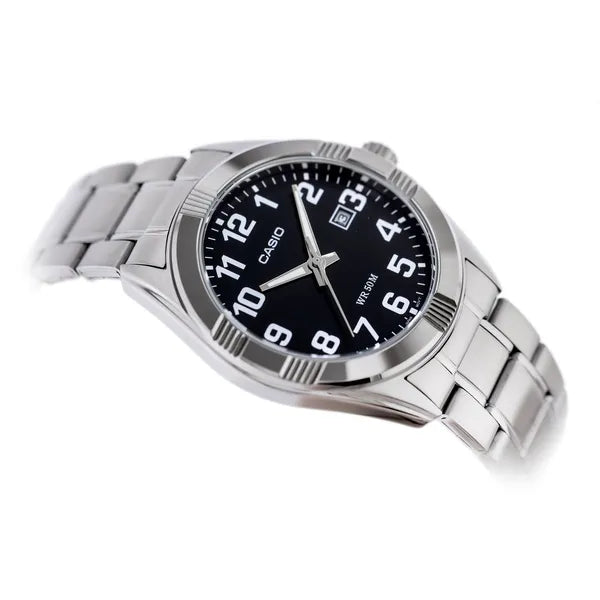 Casio MTP-1308D-1B férfi karóra, acél szíj, fekete számlap, WR50