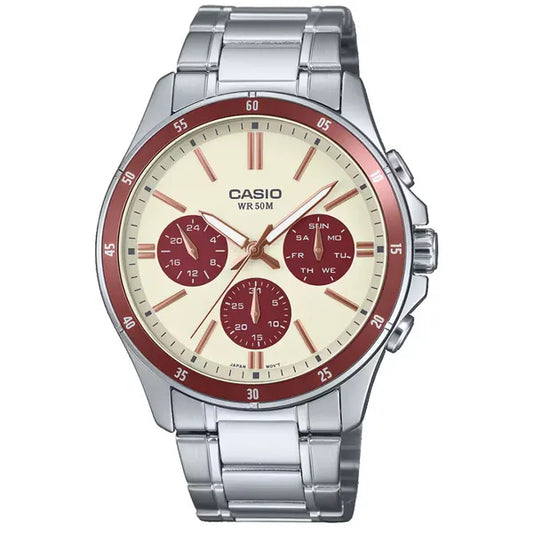 Casio MTP-1374D-5A2 férfi karóra, ezüst acél szíj, krém számlap, WR50