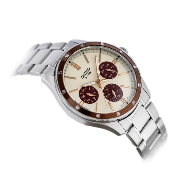 Casio MTP-1374D-5A2 férfi karóra, ezüst acél szíj, krém számlap, WR50