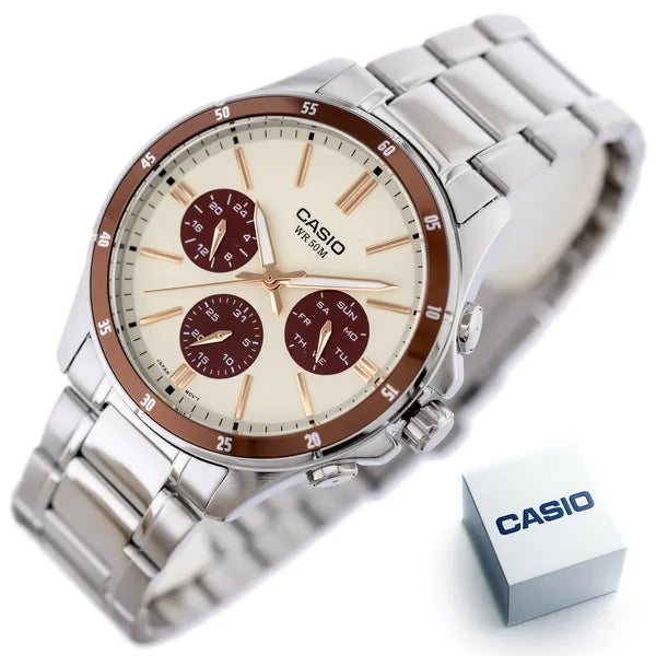 Casio MTP-1374D-5A2 férfi karóra, ezüst acél szíj, krém számlap, WR50