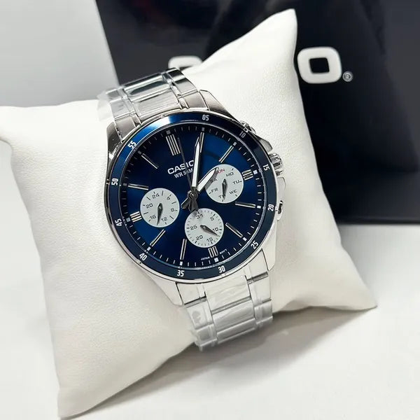 Casio MTP-1374D-2A3 férfi karóra, acél szíj, kék számlap, WR50