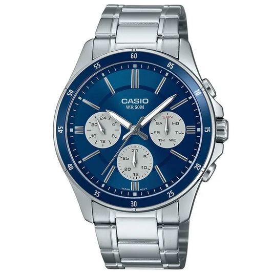 Casio MTP-1374D-2A3 férfi karóra, acél szíj, kék számlap, WR50