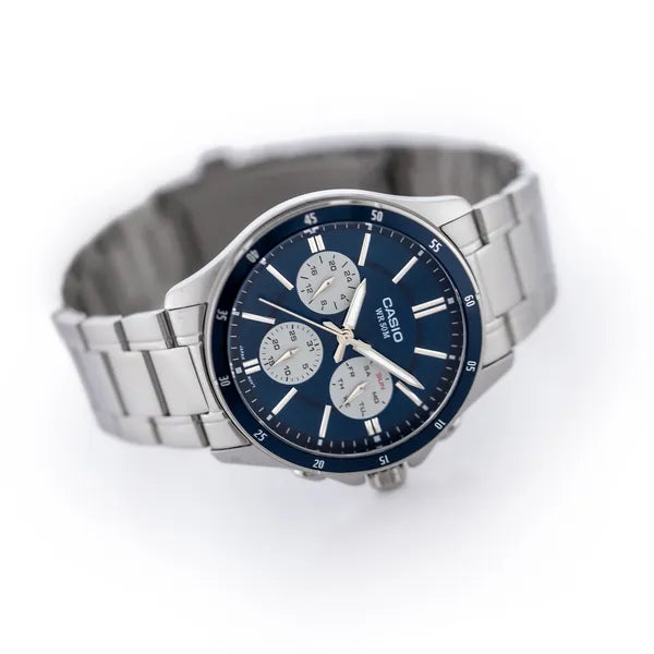 Casio MTP-1374D-2A3 férfi karóra, acél szíj, kék számlap, WR50