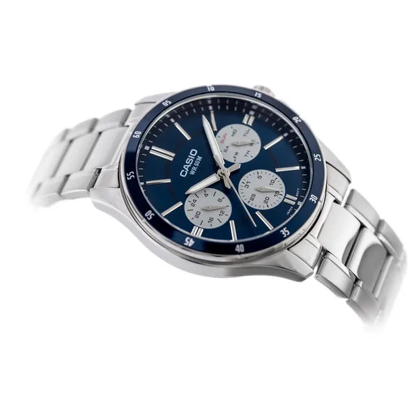 Casio MTP-1374D-2A3 férfi karóra, acél szíj, kék számlap, WR50