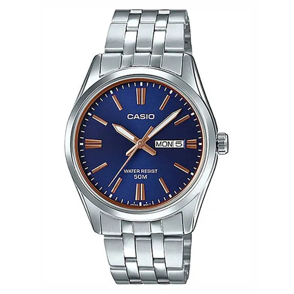 Casio MTP-1335D-2A2 férfi karóra – ezüst acél szíj, kék számlap, WR50