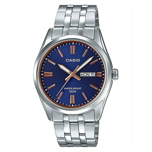 Casio MTP-1335D-2A2 férfi karóra – ezüst acél szíj, kék számlap, WR50