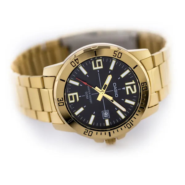 Casio MTP-VD01G-1B férfi kvarc karóra, arany acél, fekete számlap, 45 mm