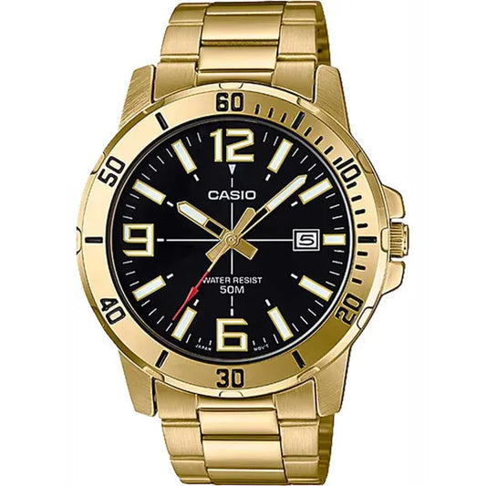 Casio MTP-VD01G-1B férfi kvarc karóra, arany acél, fekete számlap, 45 mm