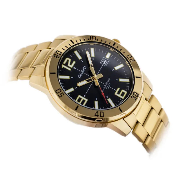 Casio MTP-VD01G-1B férfi kvarc karóra, arany acél, fekete számlap, 45 mm