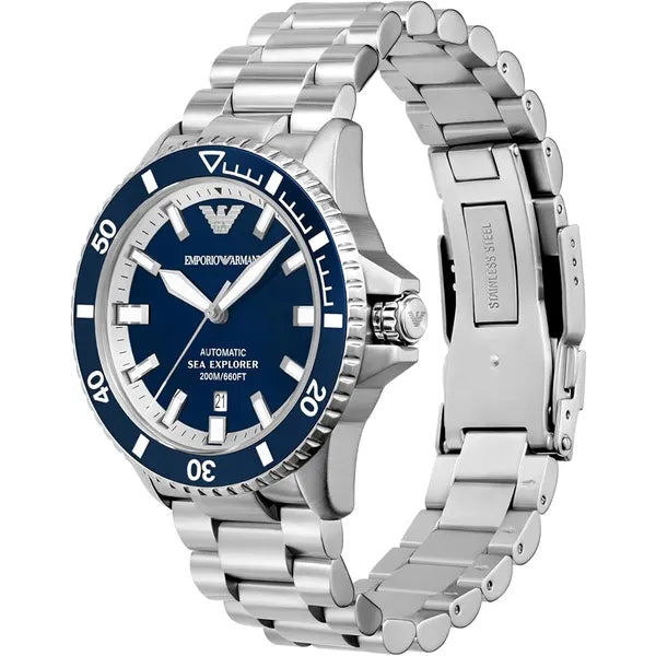 Emporio Armani Sea Explorer automata férfi búváróra 42 mm, acél, kék