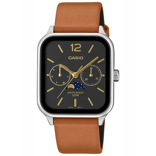 Casio MTP-M305L-1A férfi karóra, bőrszíj, holdfázis, dátum, WR50, díszdoboz