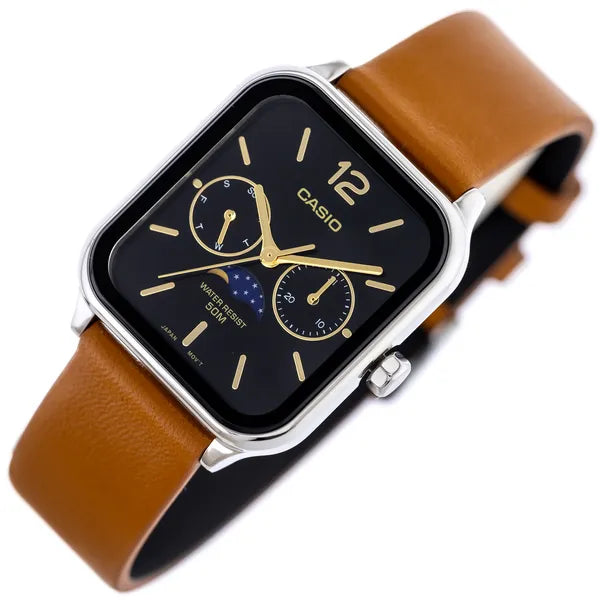 Casio MTP-M305L-1A férfi karóra, bőrszíj, holdfázis, dátum, WR50, díszdoboz