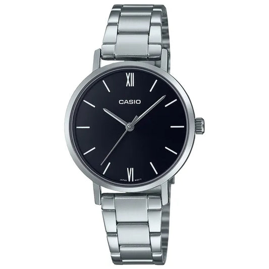Casio LTP-VT02D-1A női karóra, fekete számlap, acél szíj, WR30, 30 mm