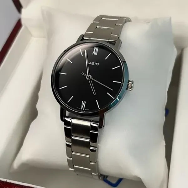 Casio LTP-VT02D-1A női karóra, fekete számlap, acél szíj, WR30, 30 mm