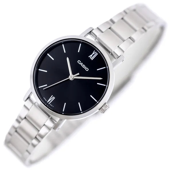 Casio LTP-VT02D-1A női karóra, fekete számlap, acél szíj, WR30, 30 mm