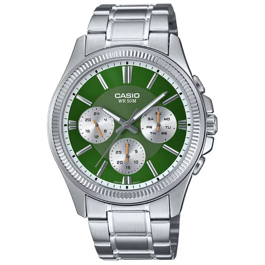 Casio Collection férfi karóra, rozsdamentes acél, zöld számlap, 50 m vízálló