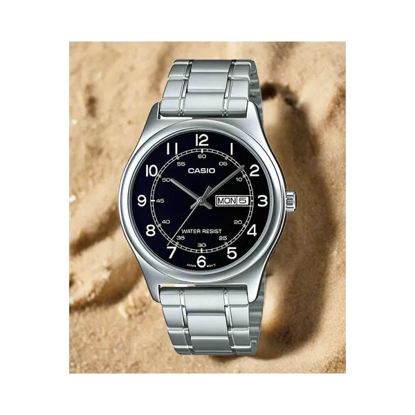 Casio MTP-V006D-1B2 férfi karóra, acél szíj, fekete számlap, dátum, WR30