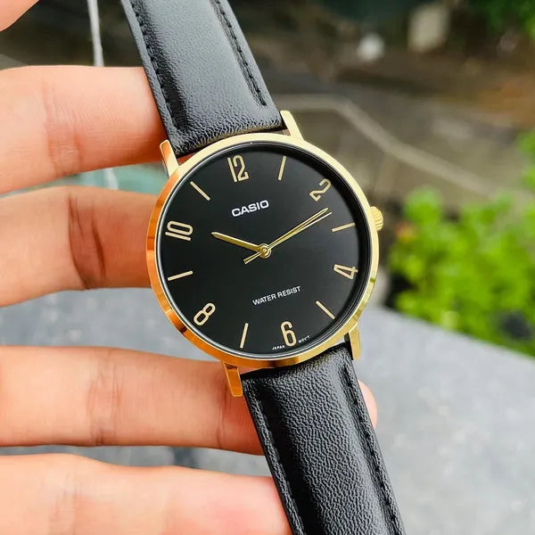 Casio MTP-VT01GL-1B2 férfi karóra, arany tok, bőrszíj, 40 mm, WR30