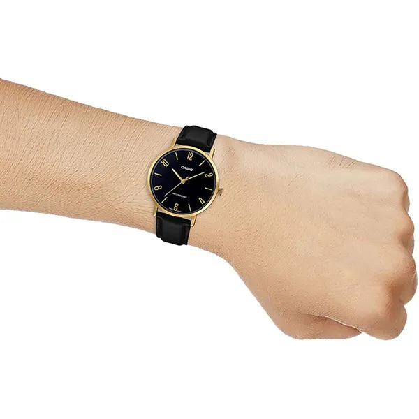 Casio MTP-VT01GL-1B2 férfi karóra, arany tok, bőrszíj, 40 mm, WR30