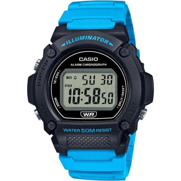 Casio W-219H-2A2VEF férfi digitális karóra, WR50, türkiz szíj