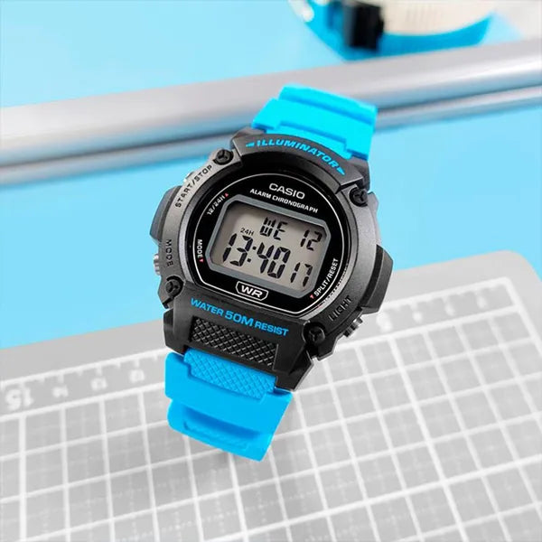 Casio W-219H-2A2VEF férfi digitális karóra, WR50, türkiz szíj