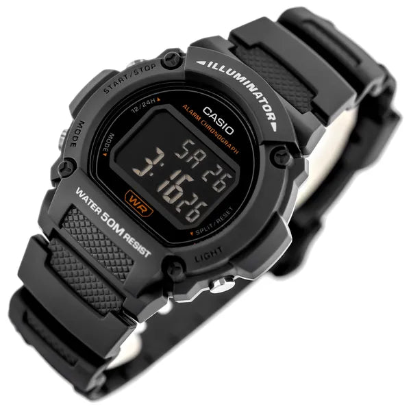 Casio W-219H-8BVEF férfi digitális karóra, fekete műanyag, WR50