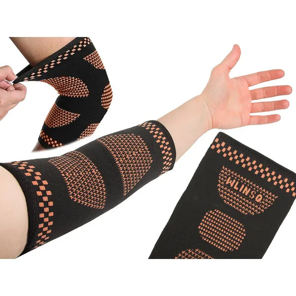 Könyökszorító rézszálas, rugalmas, fekete/narancs, 25-28 cm