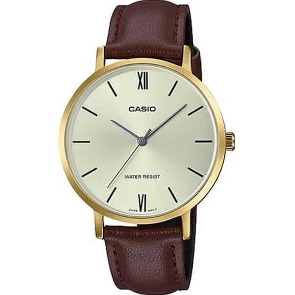 Casio női karóra LTP-VT01GL-9B arany számlap barna bőrszíj 34mm WR30 díszdoboz