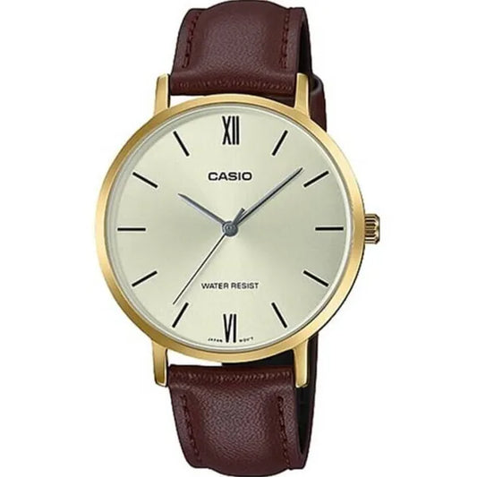 Casio női karóra LTP-VT01GL-9B arany számlap barna bőrszíj 34mm WR30 díszdoboz