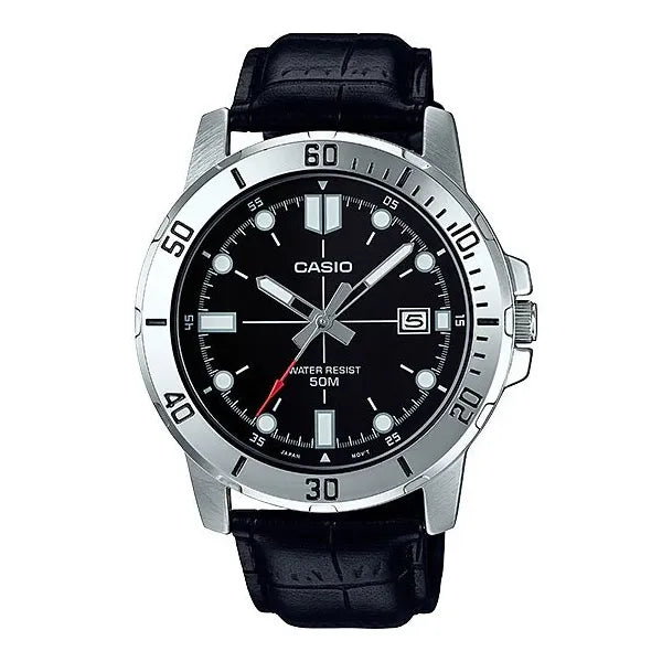 Casio MTP-VD01L-1EV férfi karóra, acél tok, fekete számlap, bőr szíj, WR50