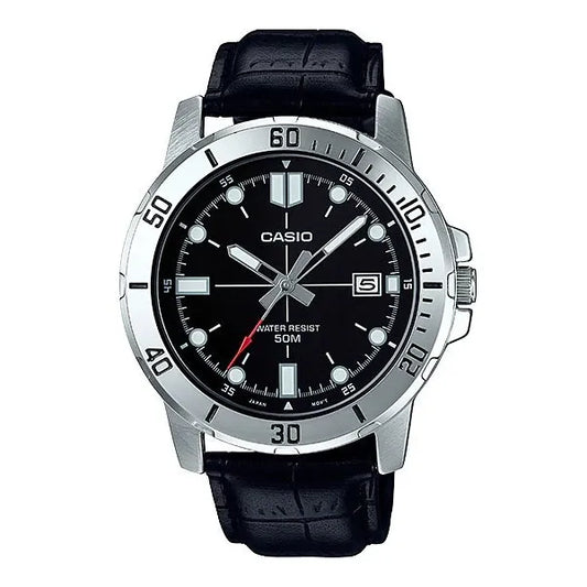 Casio MTP-VD01L-1EV férfi karóra, acél tok, fekete számlap, bőr szíj, WR50