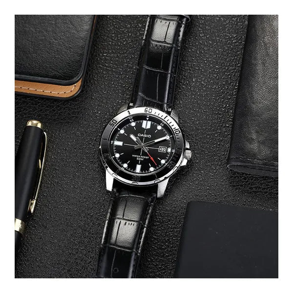 Casio MTP-VD01L-1EV férfi karóra, acél tok, fekete számlap, bőr szíj, WR50