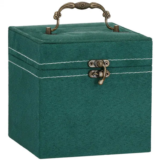 Ékszerdoboz velúr palackzöld 12×12×12 cm fogantyúval retro zár