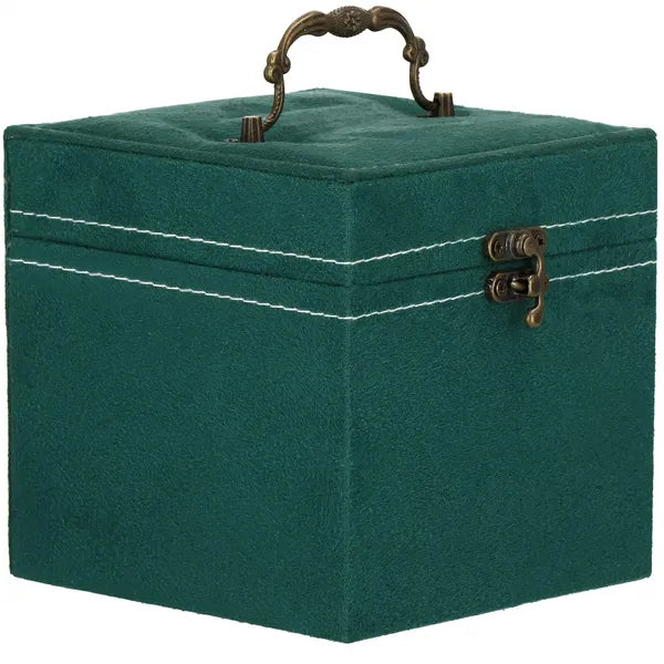 Ékszerdoboz velúr palackzöld 12×12×12 cm fogantyúval retro zár