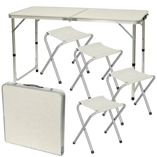 Összecsukható alumínium kempingasztal szett 120×60 cm 4 székkel bőröndben