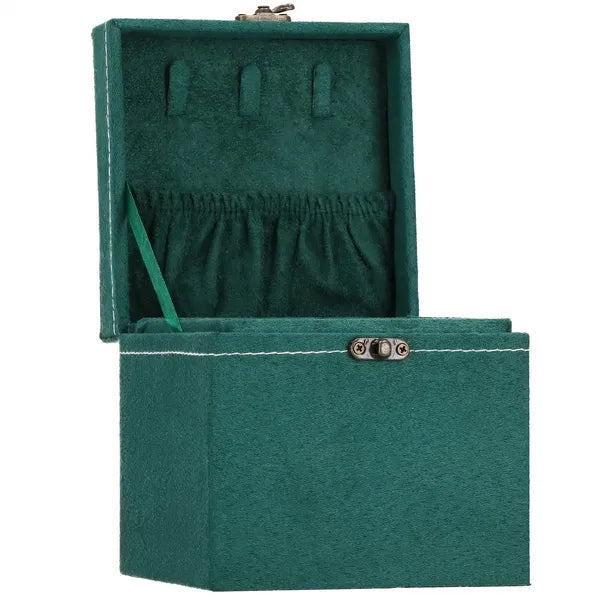 Ékszerdoboz velúr palackzöld 12×12×12 cm fogantyúval retro zár
