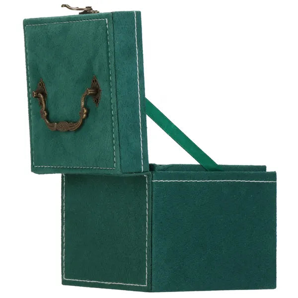 Ékszerdoboz velúr palackzöld 12×12×12 cm fogantyúval retro zár