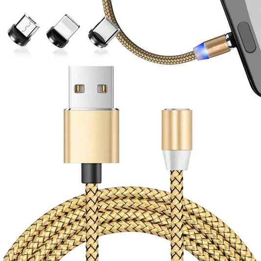 Mágneses 3 az 1-ben gyorstöltő kábel, USB-C/micro/Lightning, 1 m, 2.4 A, arany