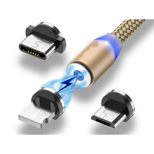 Mágneses 3 az 1-ben gyorstöltő kábel, USB-C/micro/Lightning, 1 m, 2.4 A, arany