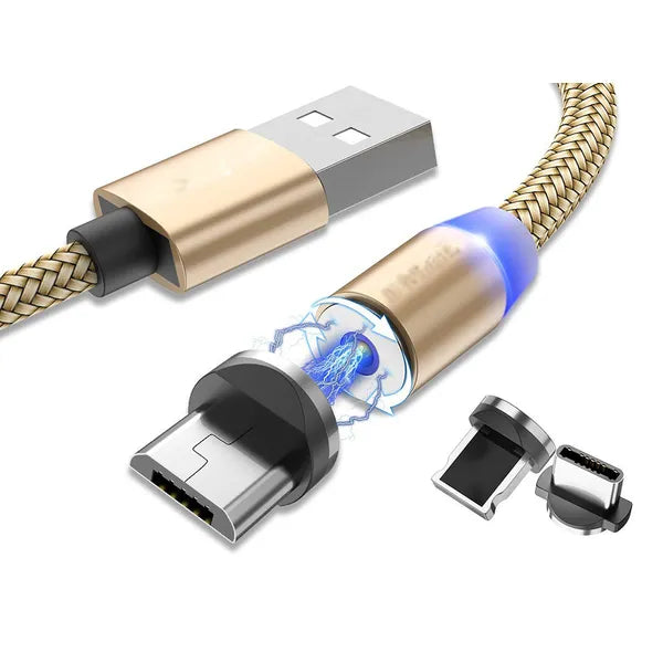 Mágneses 3 az 1-ben gyorstöltő kábel, USB-C/micro/Lightning, 1 m, 2.4 A, arany