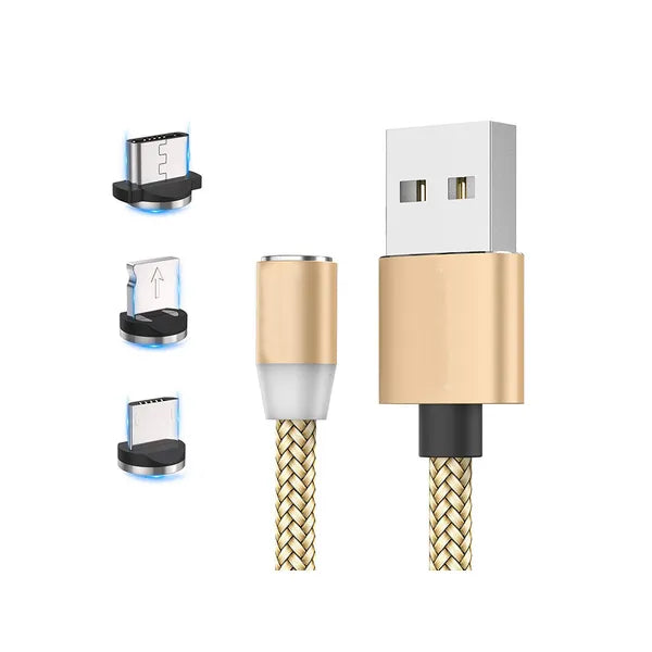 Mágneses 3 az 1-ben gyorstöltő kábel, USB-C/micro/Lightning, 1 m, 2.4 A, arany