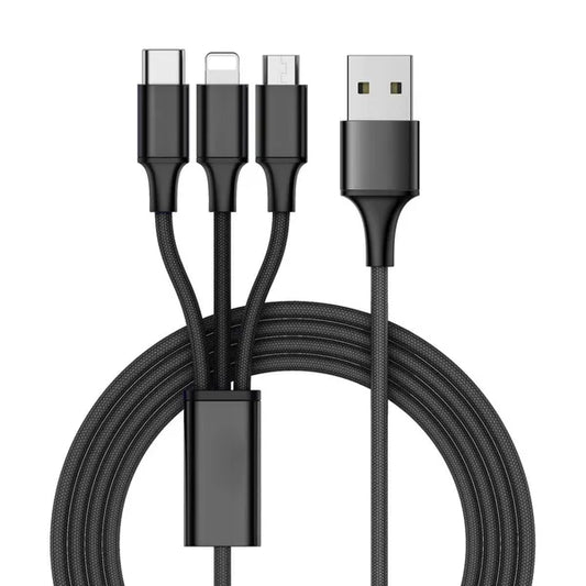 3 az 1-ben fonott USB-kábel (Lightning, USB-C, micro USB) 1,2 m, fekete