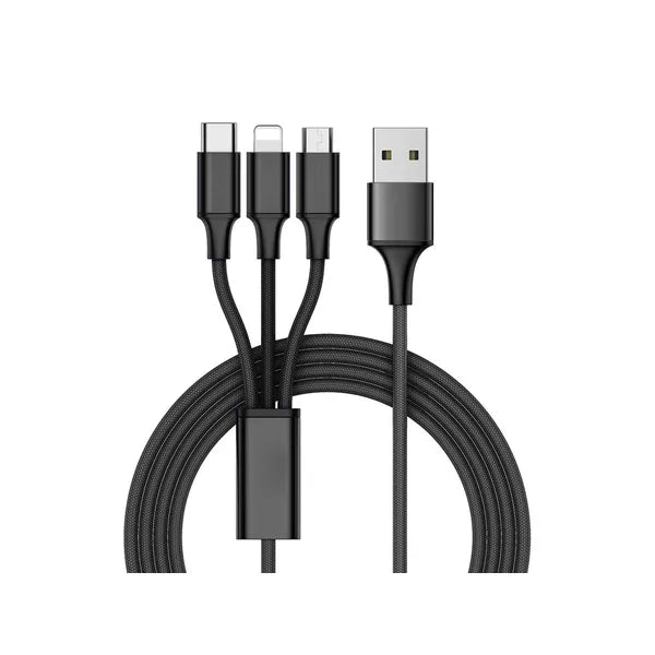 3 az 1-ben fonott USB-kábel (Lightning, USB-C, micro USB) 1,2 m, fekete
