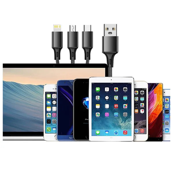 3 az 1-ben fonott USB-kábel (Lightning, USB-C, micro USB) 1,2 m, fekete