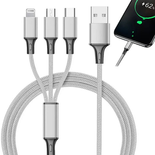 3 az 1-ben fonott USB töltőkábel, Lightning/Type-C/microUSB, 1,2 m