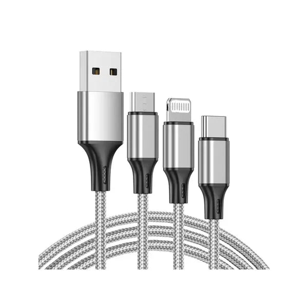 3 az 1-ben fonott USB töltőkábel, Lightning/Type-C/microUSB, 1,2 m