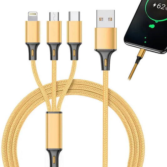 3 az 1-ben fonott USB töltőkábel 1,2 m – Type-C/Micro/Lightning, arany